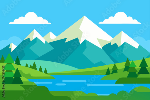 A landscape with mountains lake and trees in daytime