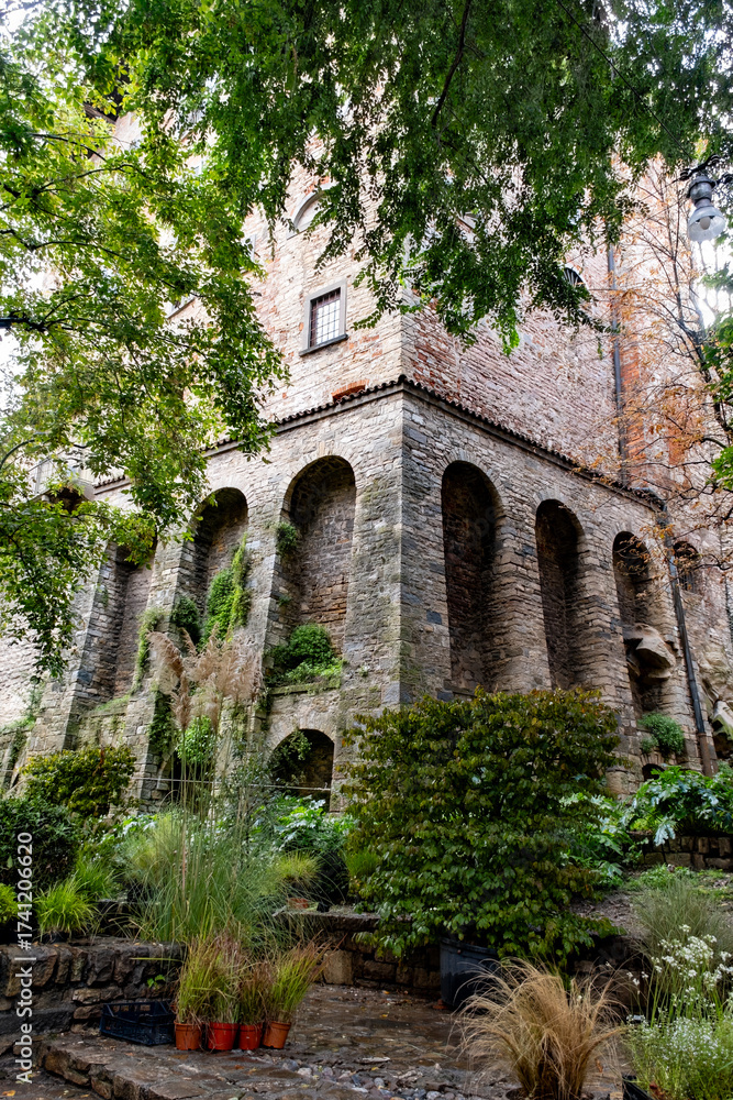 Obraz premium Tourists destination, historical part of Bergamo city, Bergamo Alta with narrow streets, churces, old houses, located on hill with fortress walls, Lombardy, Northern Italy