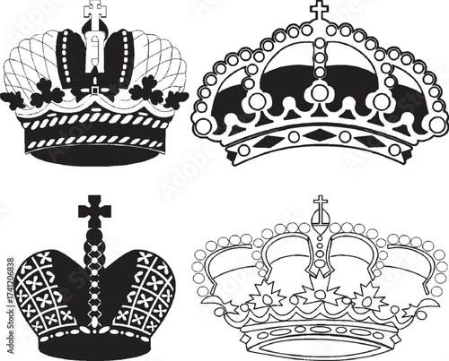 Collection of four ornate royal crowns diverse designs for regal representation and luxury themes vector