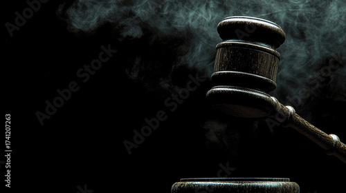 striking image of gavel hovering above sound block, surrounded by wisps of smoke, symbolizing justice and authority in courtroom setting