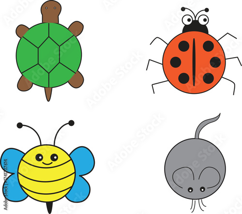 Cute vector cartoon animals collection: ladybug, turtle, bee, and mouse isolated on white.