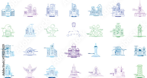 Vibrant neon outlines depict modern city buildings