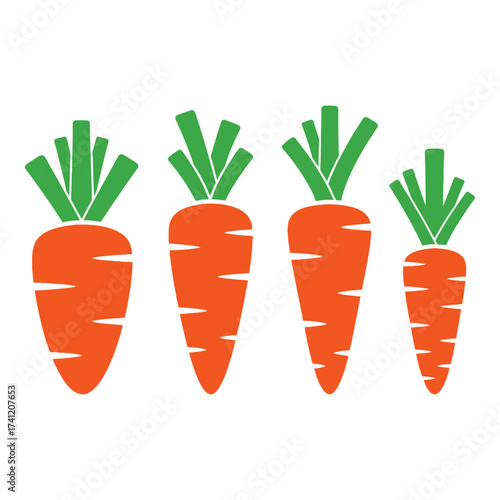 Four orange carrots with green tops fresh healthy root vegetables food ingredient organic produce silhouette