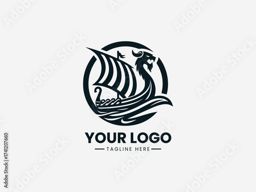 Viking Sailboat Vector Logo Illustration Nordic Longship Design, Nautical Vintage Symbol