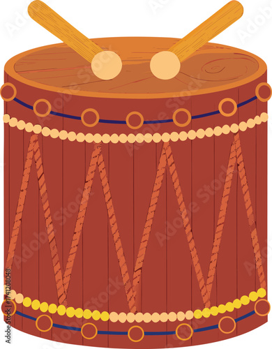 Brown drum with wooden drumsticks and decorative trim