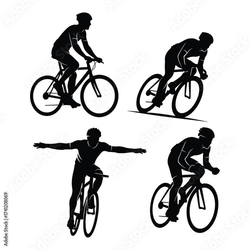 Dynamic cyclist silhouettes four poses of competitive and recreational cycling action silhouette