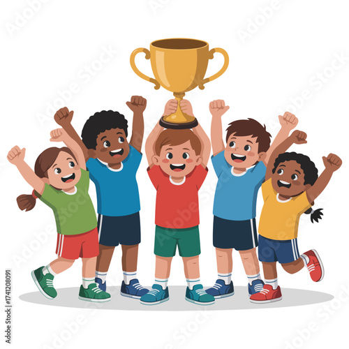 Happy children celebrate a victory holding a golden trophy. They appear joyful and triumphant
