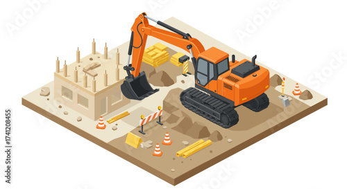 Isometric construction site with excavator and building foundation elements