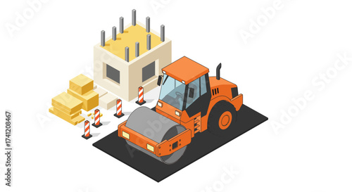 Isometric construction scene with road roller and building materials