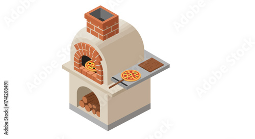 Brick oven with fresh pizza in isometric style design for culinary concepts