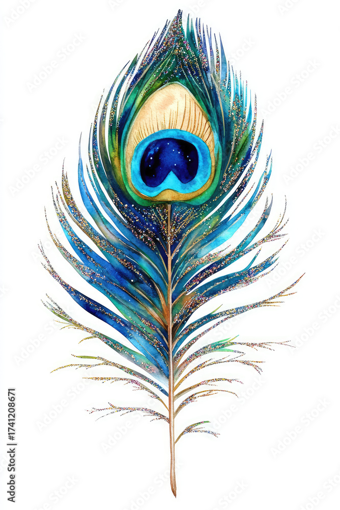 Fototapeta premium vibrant peacock feather with intricate details and shimmering colors, shades of blue and green against white background. This artwork captures beauty and elegance of nature