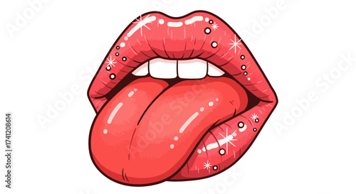 Glossy pop art lips with tongue and sparkles on white background