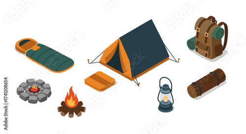 Outdoor camping gear elements in isometric style with tent and backpack