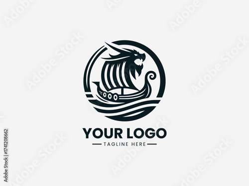 Viking Sailboat Vector Logo Illustration Nordic Longship Design, Nautical Vintage Symbol