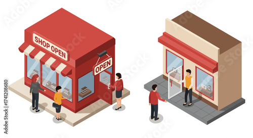 Isometric cityscape with open shops and people interacting in urban setting