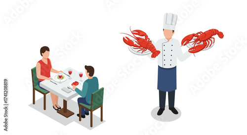 Isometric dining scene with chef and lobster plates
