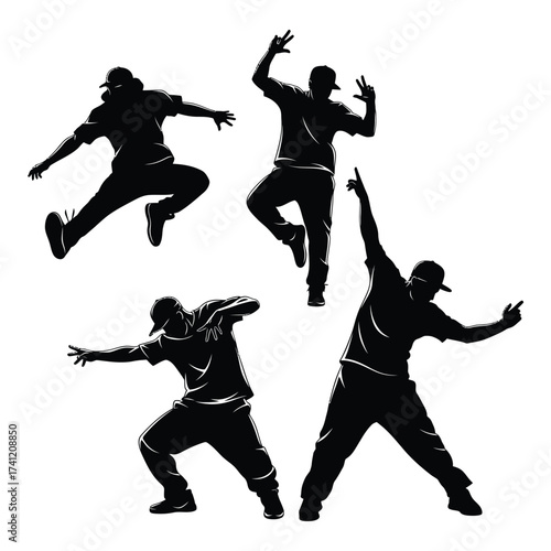 Dynamic hip hop dancers silhouette set expressing energy and movement through action poses silhouette