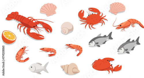 Marine life collection: lobster, crab, seafood, dolphins, and shells in flat…