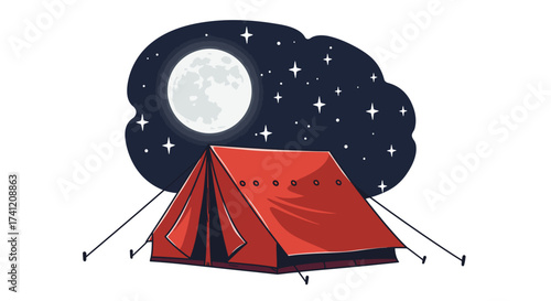 Night camping under a starry sky with a red tent and full moon scene
