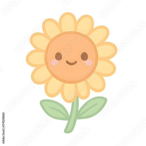 Joyful Sunflower: A charming sunflower illustration radiating cheerfulness and the sunny essence of nature, with a sweet face, petals, and leaves.