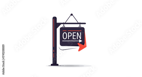 Minimalist open sign with arrow on standing post in flat design