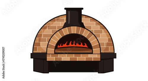 Brick pizza oven with flames in rustic style