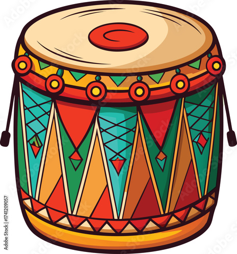 Colorful cartoon tabla drum with geometric patterns