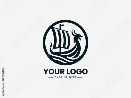 Viking Sailboat Vector Logo Illustration Nordic Longship Design, Nautical Vintage Symbol