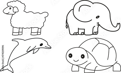 Cute cartoon animals black outline set isolated on white for kids coloring page design