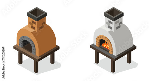 Isometric outdoor pizza ovens with brick design and flames