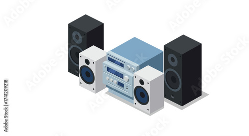 Isometric audio system with speakers and amplifiers on white background