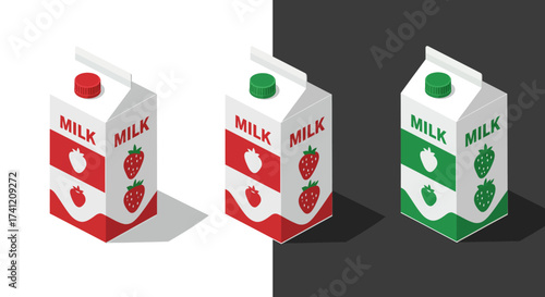 Isometric strawberry and chocolate milk cartons in modern minimalist design