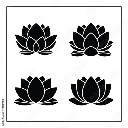 Four black silhouettes of lotus flowers displaying various stages of bloom and detail silhouette