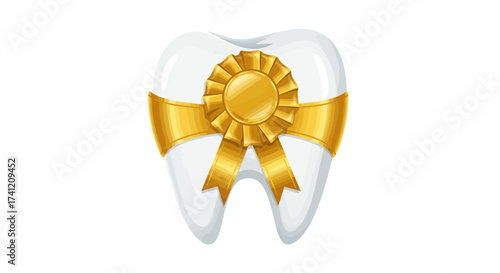 Golden award ribbon on tooth: dental care achievement concept