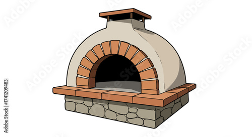 Rustic brick and stone pizza oven in cartoon style