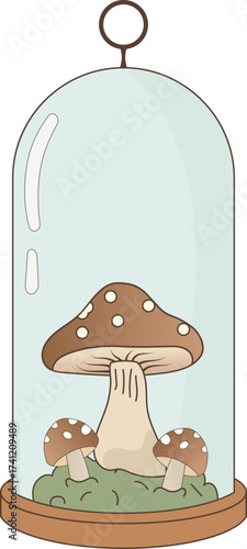 Whimsical Mushroom Display Under a Glass Bell Jar Terrarium