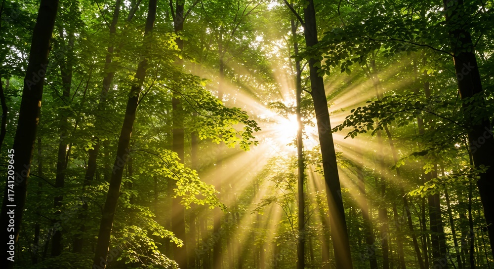 Naklejka premium Forest Trees and Sunlight Beams