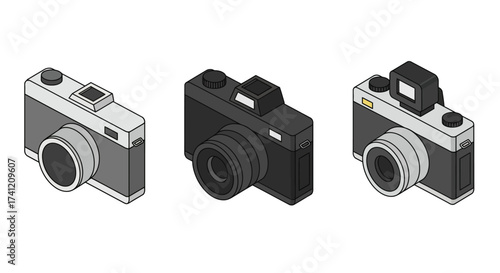 Retro cameras in isometric style: set of three classic devices