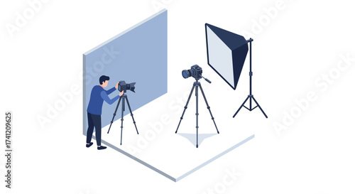 Isometric photography studio setup with professional equipment and lighting