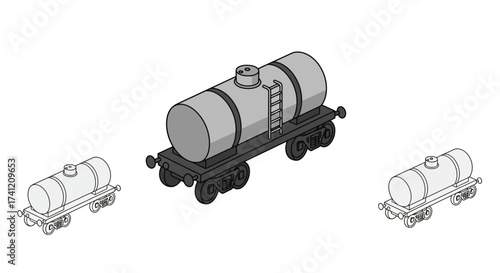 Isometric tanker train cars with ladder and wheels in multiple views
