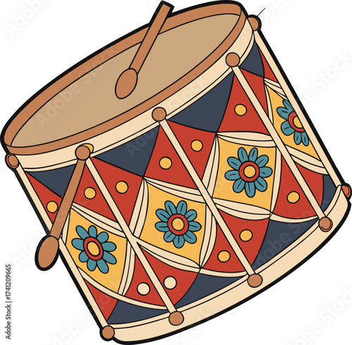 Colorful toy drum with drumsticks and floral pattern
