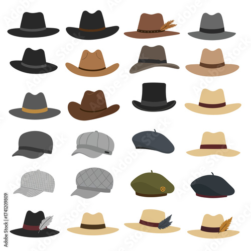 Different male hats. Fashion and vintage man hat collection vector image, derby and bowler, cowboy and peaked cap, tyrolean and summer straw hat, military beret