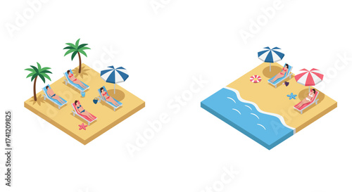Isometric beach scene with sunbathers and palm trees