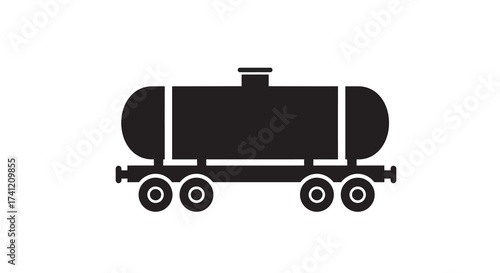 Minimalist silhouette of tanker rail train car with wheels on white background