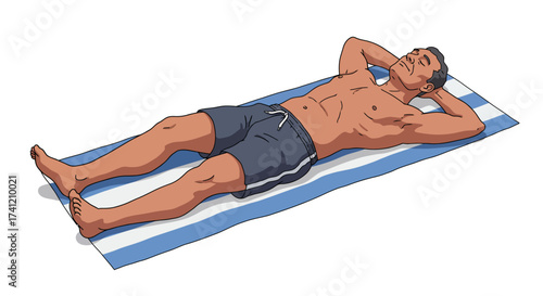 Man relaxing on beach towel in summer casual swimwear