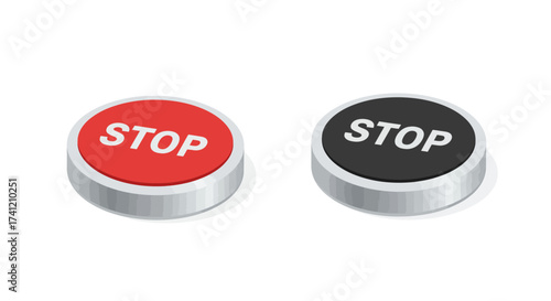 Isometric stop button design in red and black on white background