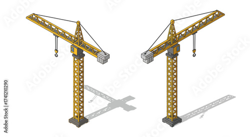 Isometric construction cranes with shadows on white background