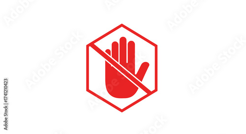 Red hand warning sign in minimalist hexagon design for caution symbols