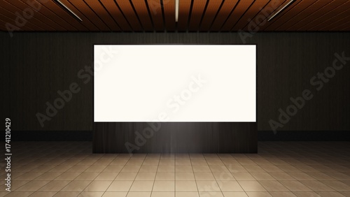 Empty Frame Banner for mock up on the dark Wall Indoor. Natural Lighting. Minimalist. Industrial. Urban. Baliho. Photo Advertising. LED display. 3d render. 