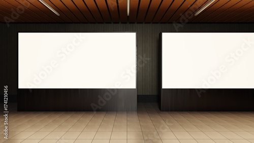 Empty Frame Banner for mock up on the dark Wall Indoor. Natural Lighting. Minimalist. Industrial. Urban. Baliho. Photo Advertising. LED display. 3d render. 